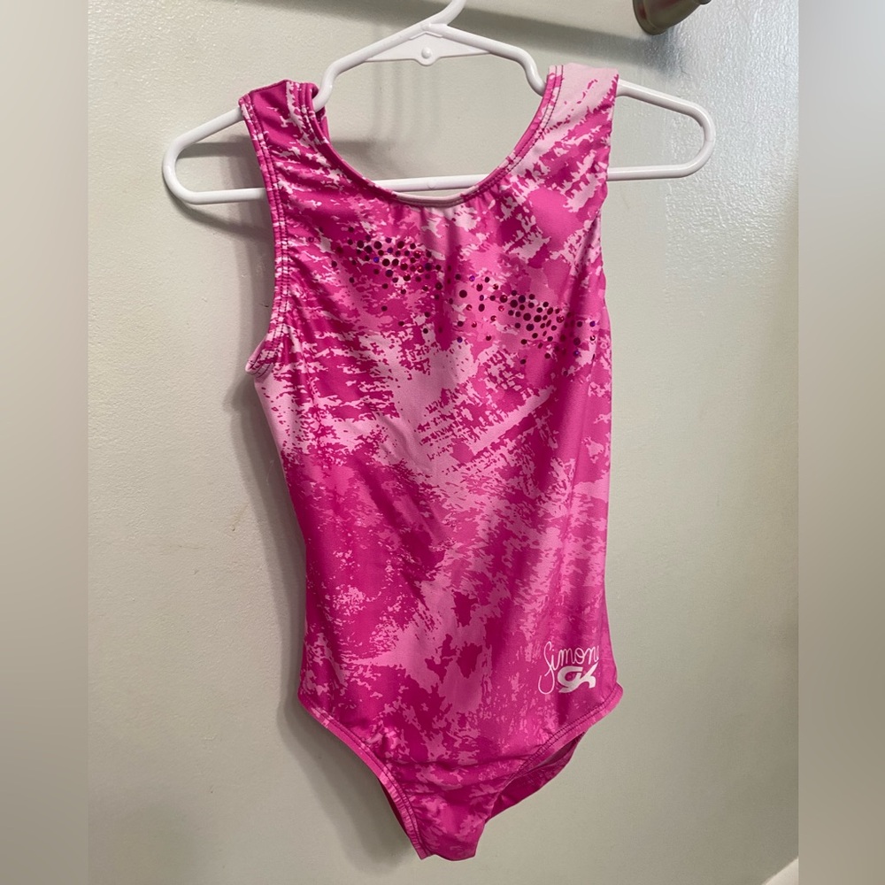 GK Elite Simon Biles pink pastel sparkle leotard girls size 7-8 medium